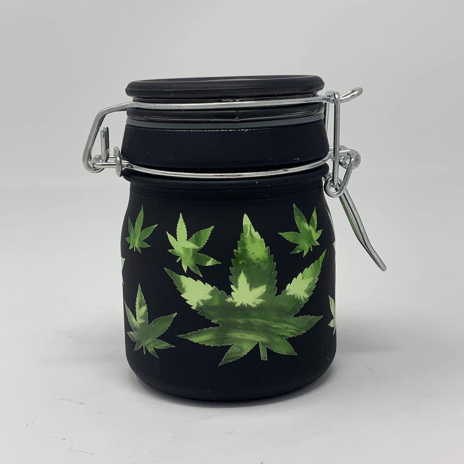 Airtight Glass Herb Jar Medium 3.75" Tall (Black Frosted/Green Leaf)