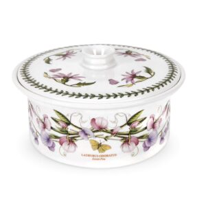 portmeirion botanic garden covered casserole | 3 pint casserole dish with sweet pea motif | made from porcelain | oven, dishwasher, and microwave safe