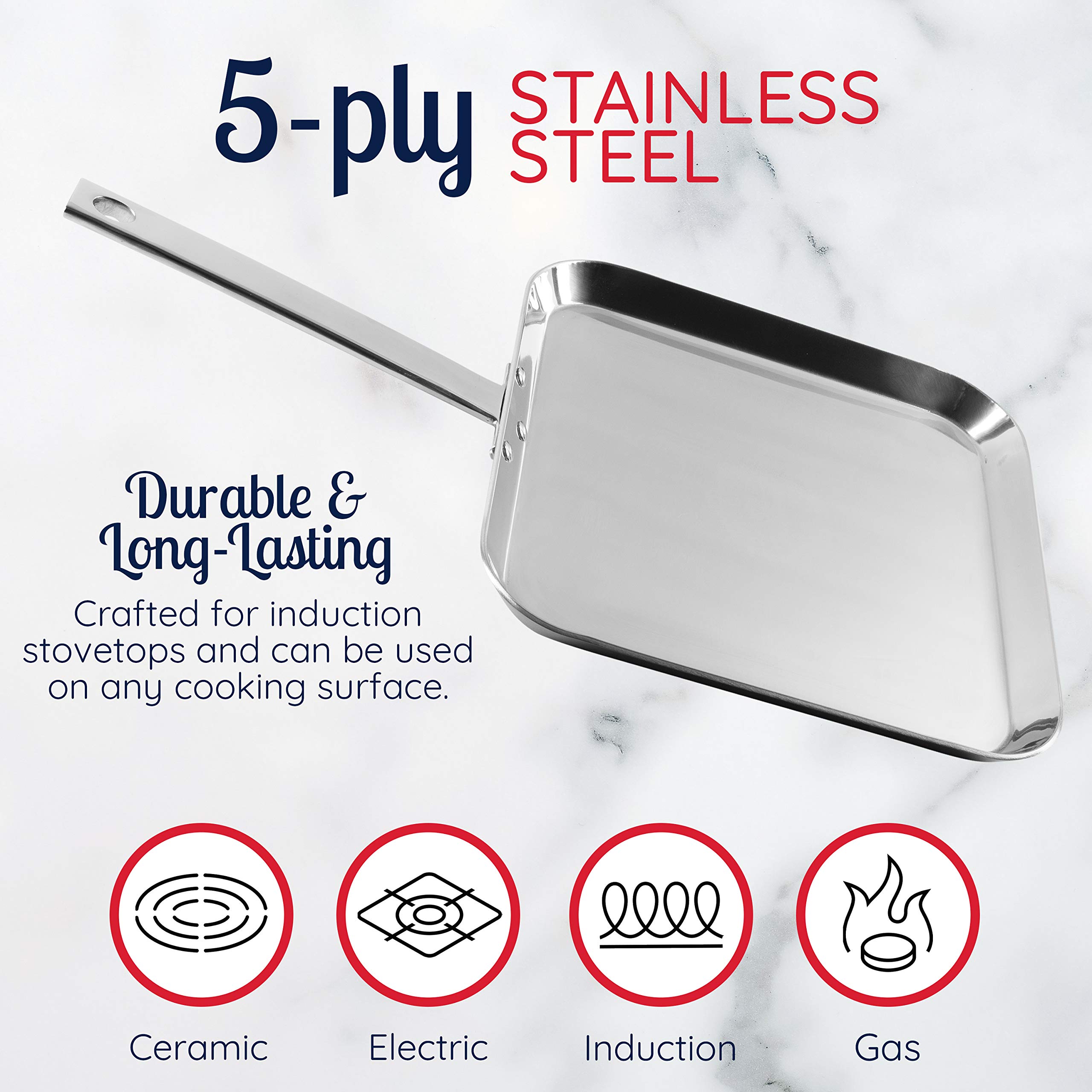 Chef's Secret T304 Stainless-Steel 11-Inch Square Griddle, Ideal for Grilling