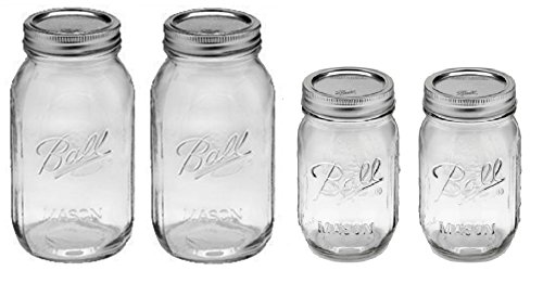 Ball Mason Regular Mouth Jars with Lids and Bands, Set of 4 Jars, Two 32oz Jars + Two 16oz Jars (Bundle Pack)