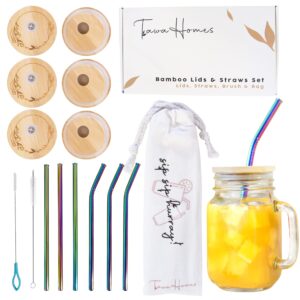 tawa homes bamboo mason jar lids with straw hole - 70 mm lids for beer can glass cups with silicone straw hole plug 16 oz - 6 pcs regular mouth lid with 6 stainless steel straw, 2 cleaning brush & bag