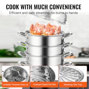 VEVOR Steamer Pot 11.8in/30cm, 5 Tier Steamer Pot for Cooking with 10QT Stock Pot, 3 Vegetable Steamers & 2 Steaming Trays, Food-Grade 304 Stainless Steel Food Steamer Cookware for Gas Electric Stove