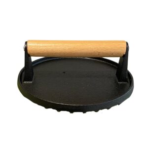 evelots bacon press cast iron grill press for griddle heavy duty smash burger press for perfectly cooked meat, sandwich, panini, steak, bbq -food grade- round wood handle