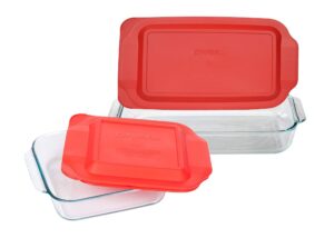 pyrex bundle: (1) 222 clear glass baking dish, (1) 233 clear glass baking dish, (1) 222-pc red plastic lid, (1) 233-pc red plastic lid