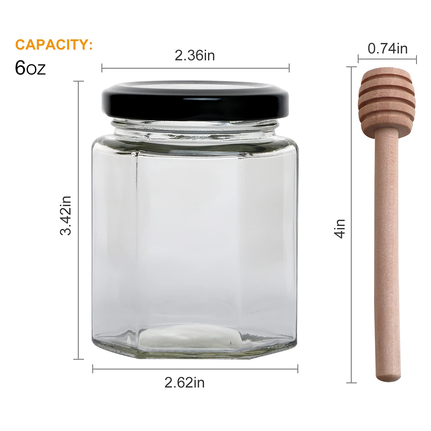 Woaiwo-q 6 oz Hexagon Glass Honey Jars, Glass Jars with Black Lids,Bronzy Bee Pendants,Wooden Honey Sticks,Small Tags,1.5m Jute Twine -Clear Hexagon Jars for Honey,Jams, Liquid.(25 Pcs)…
