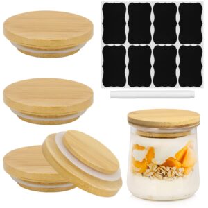 4 pack oui yogurt jar lids, inureye bamboo wood lids fit oui jar lids with silicone sealing rings, oui yogurt bottle label and chalk marker, ball wooden lids for 5 oz oui yogurt jars