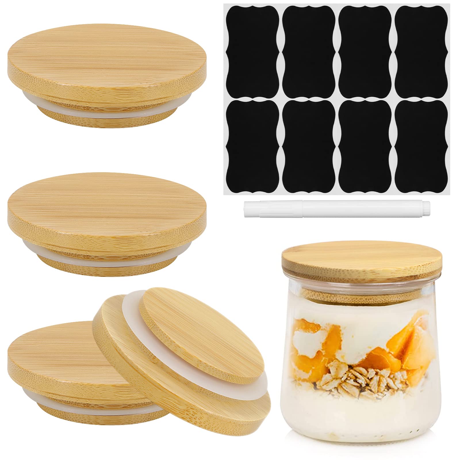 4 Pack Oui Yogurt Jar Lids, iNUREYE Bamboo Wood Lids Fit Oui Jar Lids with Silicone Sealing Rings, Oui Yogurt Bottle Label and Chalk Marker, Ball Wooden Lids For 5 Oz Oui Yogurt Jars