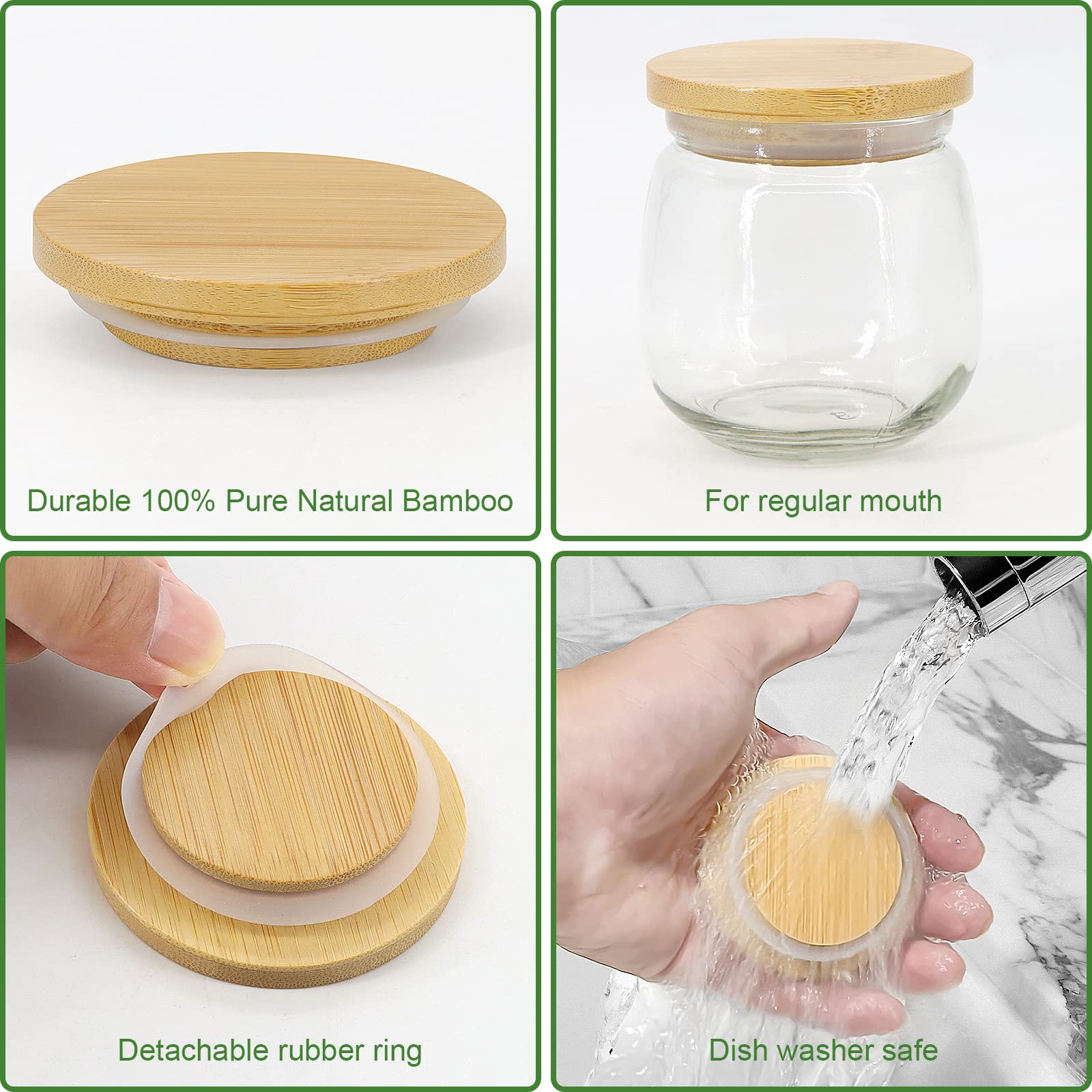 4 Pack Oui Yogurt Jar Lids, iNUREYE Bamboo Wood Lids Fit Oui Jar Lids with Silicone Sealing Rings, Oui Yogurt Bottle Label and Chalk Marker, Ball Wooden Lids For 5 Oz Oui Yogurt Jars