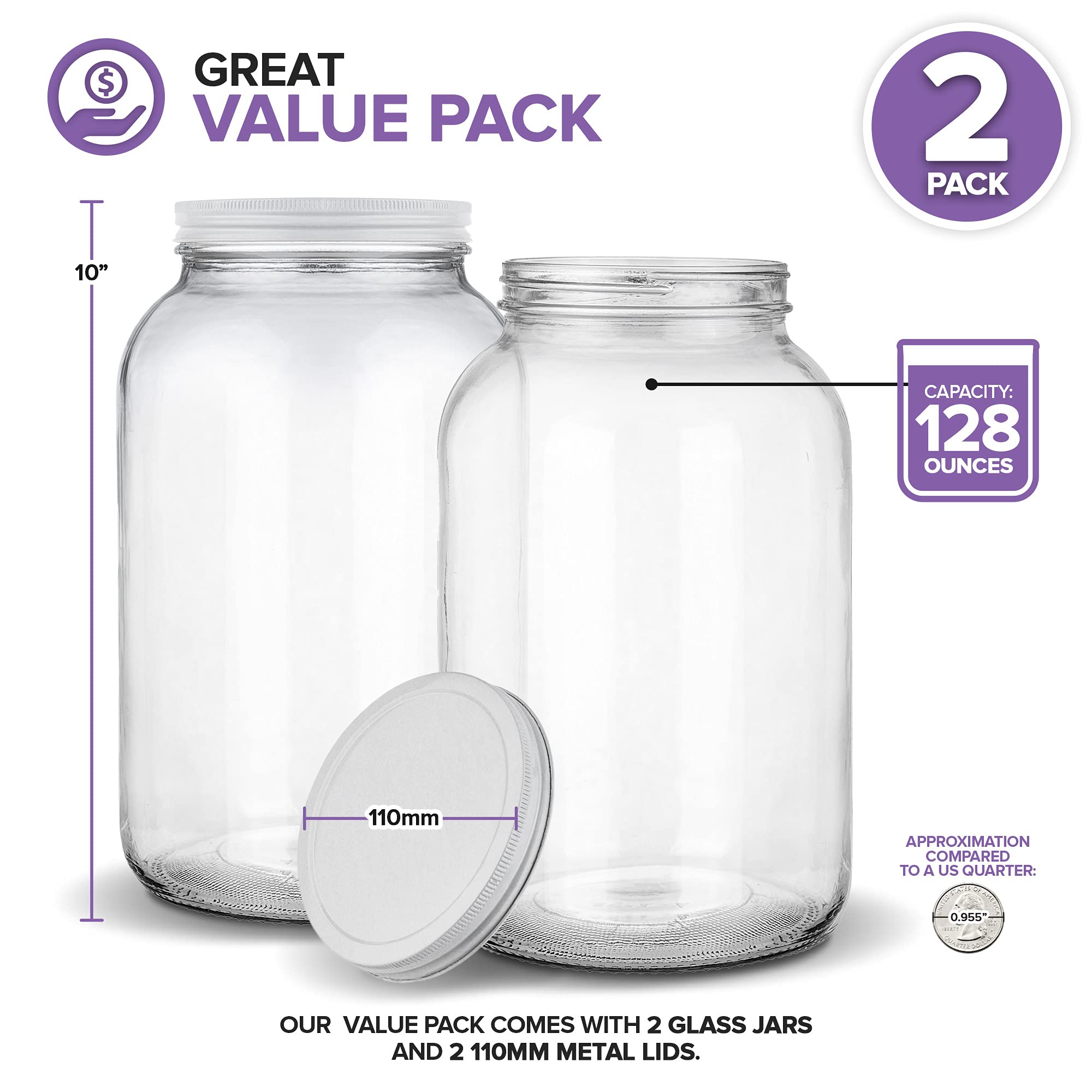 Stock Your Home Gallon Glass Jar with Metal Lid (2 Pack) - 128 Ounce - Airtight & Odor Proof - Pickling & Canning Jars for Kombucha, Sun Tea, Fruits - Food Grade Jars for Dried Goods, Sugar, Flour