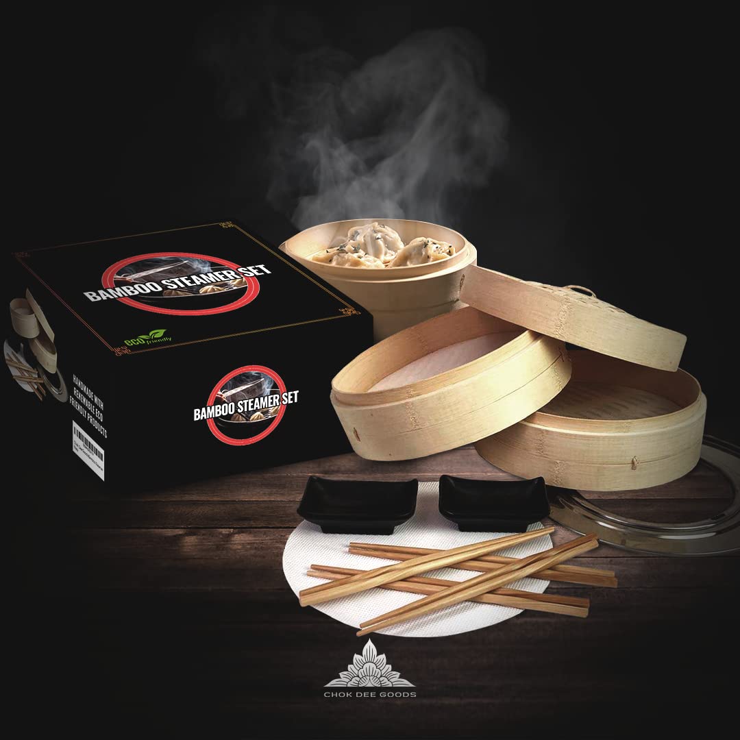 Chok Dee Goods Bamboo Steamer Premium Set, Stainless Steel Cooking Ring Included, 1 10" 2 Tier Basket, 1 Stainless Steel Cooking Ring, 4 Sets of Chopsticks, 4 Reusable Silicone Liners, 2 Sauce Dishes