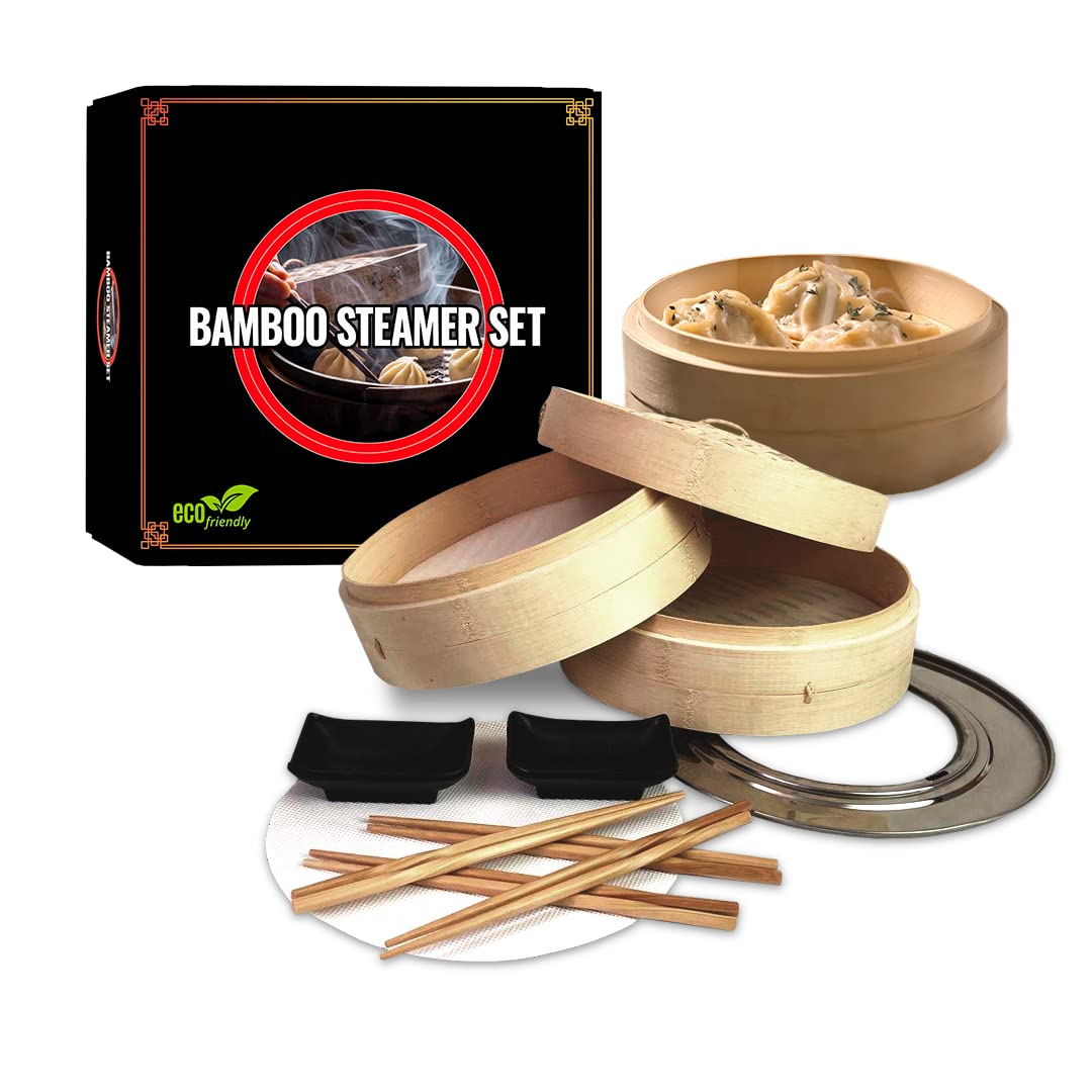 Chok Dee Goods Bamboo Steamer Premium Set, Stainless Steel Cooking Ring Included, 1 10" 2 Tier Basket, 1 Stainless Steel Cooking Ring, 4 Sets of Chopsticks, 4 Reusable Silicone Liners, 2 Sauce Dishes