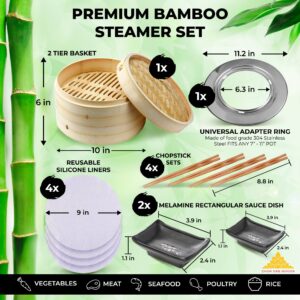 Chok Dee Goods Bamboo Steamer Premium Set, Stainless Steel Cooking Ring Included, 1 10" 2 Tier Basket, 1 Stainless Steel Cooking Ring, 4 Sets of Chopsticks, 4 Reusable Silicone Liners, 2 Sauce Dishes