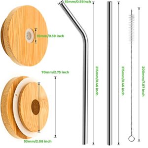 Mason Jar Lids with Straw Hole, Regular Mouth Bamboo Lids for Beer Can Glass, ECO Reusable Natural Mason Jar Leak Proof Tops with 10 Stainless Steel Straw and Brush - 10 Pcs