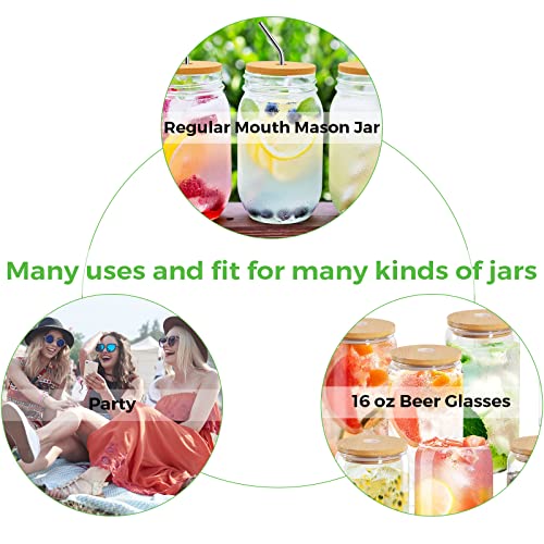 Mason Jar Lids with Straw Hole, Regular Mouth Bamboo Lids for Beer Can Glass, ECO Reusable Natural Mason Jar Leak Proof Tops with 10 Stainless Steel Straw and Brush - 10 Pcs