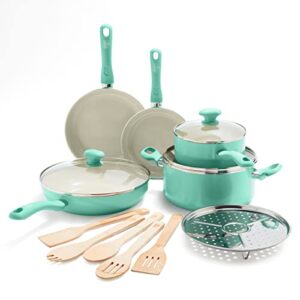 greenlife soft grip healthy ceramic nonstick, 14 piece cookware pots and pans set, pfas-free, dishwasher safe, turquoise