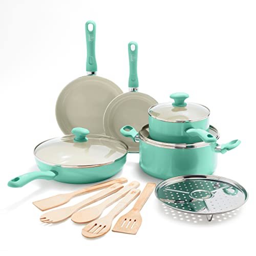 GreenLife Soft Grip Healthy Ceramic Nonstick, 14 Piece Cookware Pots and Pans Set, PFAS-Free, Dishwasher Safe, Turquoise