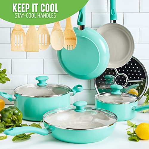 GreenLife Soft Grip Healthy Ceramic Nonstick, 14 Piece Cookware Pots and Pans Set, PFAS-Free, Dishwasher Safe, Turquoise