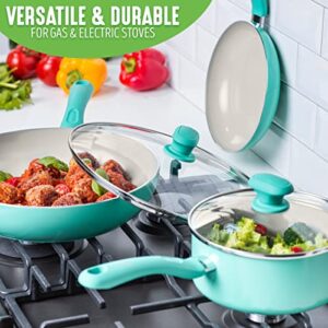 GreenLife Soft Grip Healthy Ceramic Nonstick, 14 Piece Cookware Pots and Pans Set, PFAS-Free, Dishwasher Safe, Turquoise