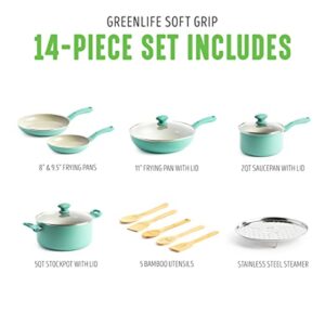 GreenLife Soft Grip Healthy Ceramic Nonstick, 14 Piece Cookware Pots and Pans Set, PFAS-Free, Dishwasher Safe, Turquoise