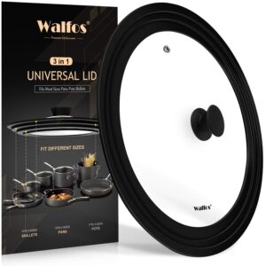 universal lid for pots, pans and skillets fits 10.5", 11.5" and 12" diameter cookware - walfos tempered glass pan lid with heat resistant silicone rim, bpa free large pot lids, dishwasher-safe, black