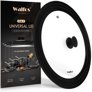 Universal Lid for Pots, Pans and Skillets Fits 10.5", 11.5" and 12" Diameter Cookware - Walfos Tempered Glass Pan Lid with Heat Resistant Silicone Rim, BPA Free Large Pot Lids, Dishwasher-Safe, Black