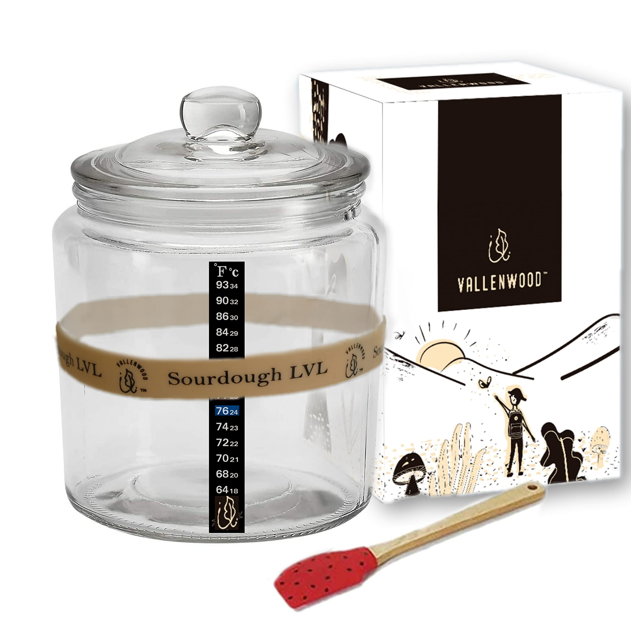 VALLENWOOD Sourdough Set: Clear Thicker Glass Jar 34oz, 1L With Lid. Plus Silicone Band Level Tag, Thermometer With Magnetic Strip And Spatula. For Fermenting. For Starter (Circular)