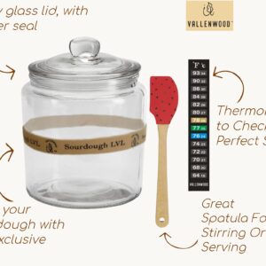 VALLENWOOD Sourdough Set: Clear Thicker Glass Jar 34oz, 1L With Lid. Plus Silicone Band Level Tag, Thermometer With Magnetic Strip And Spatula. For Fermenting. For Starter (Circular)