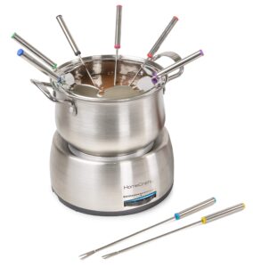 nostalgia 8-cup electric fondue pot set for cheese & chocolate - 8 color-coded forks, adjustable temperature control - stylish serving for hors d'oeuvres, entrees, and desserts - stainless steel