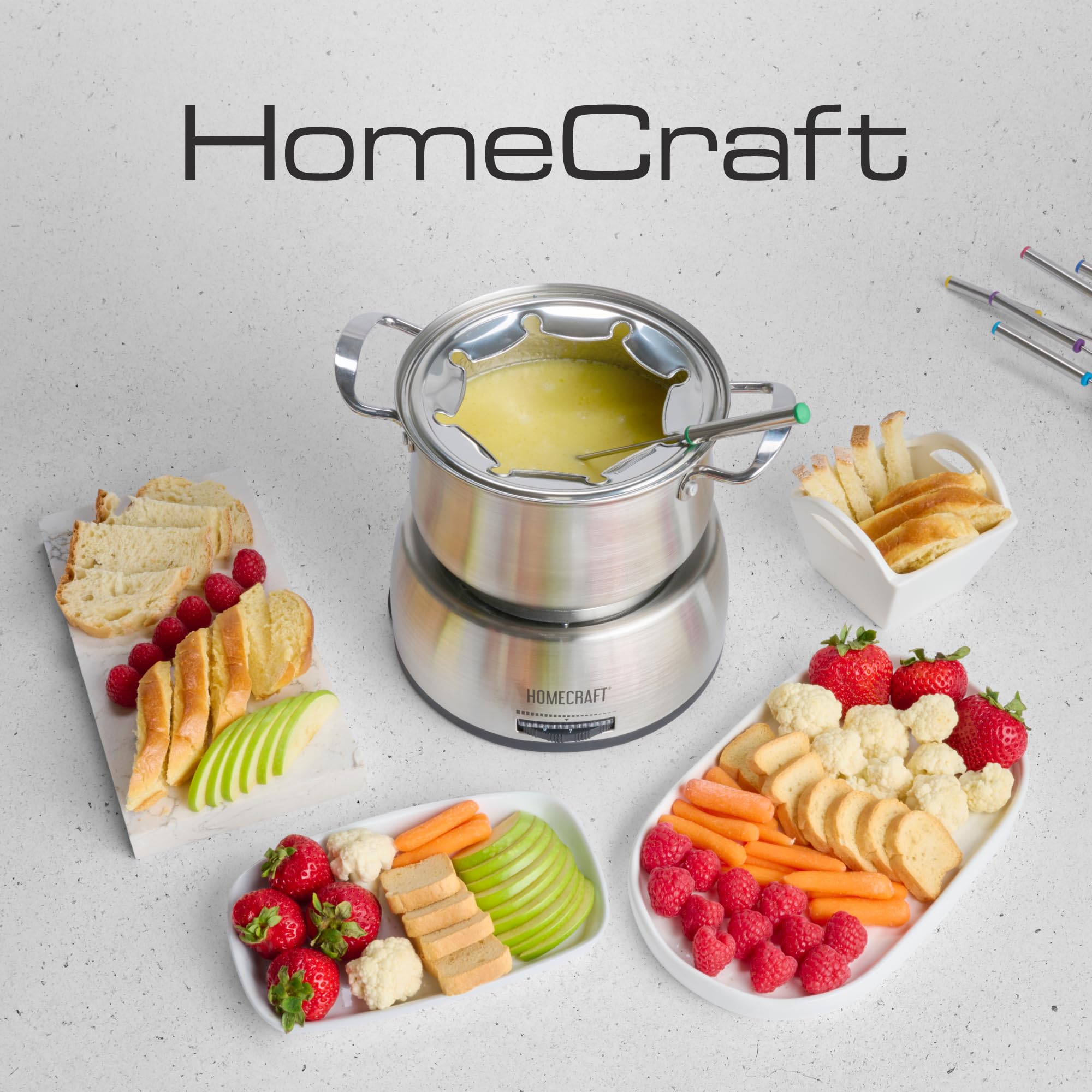 Nostalgia 8-Cup Electric Fondue Pot Set for Cheese & Chocolate - 8 Color-Coded Forks, Adjustable Temperature Control - Stylish Serving for Hors d'Oeuvres, Entrees, and Desserts - Stainless Steel