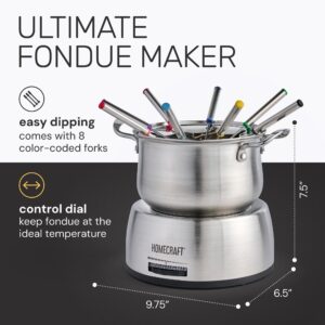 Nostalgia 8-Cup Electric Fondue Pot Set for Cheese & Chocolate - 8 Color-Coded Forks, Adjustable Temperature Control - Stylish Serving for Hors d'Oeuvres, Entrees, and Desserts - Stainless Steel