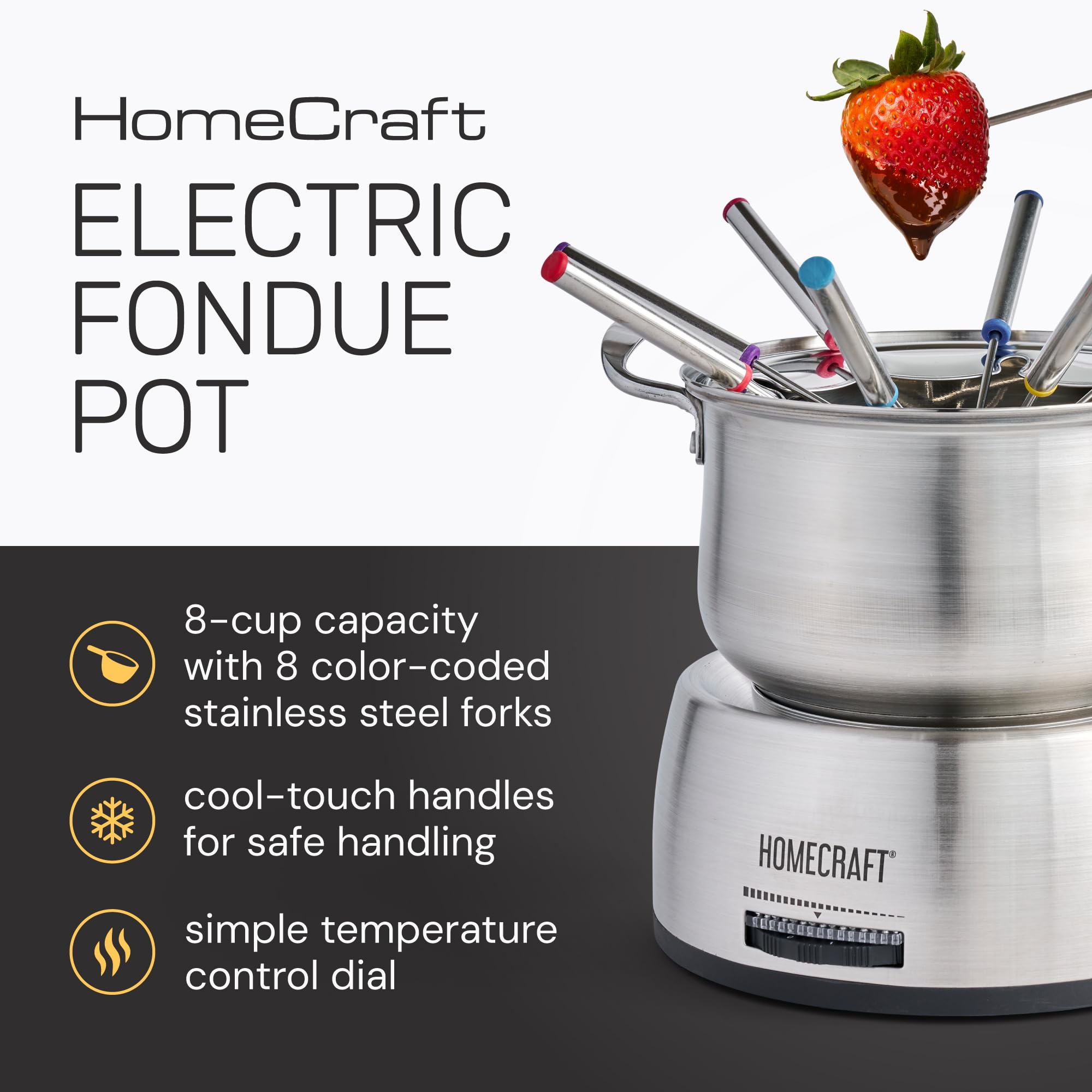 Nostalgia 8-Cup Electric Fondue Pot Set for Cheese & Chocolate - 8 Color-Coded Forks, Adjustable Temperature Control - Stylish Serving for Hors d'Oeuvres, Entrees, and Desserts - Stainless Steel