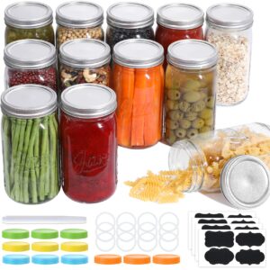 aozita 12 pcs wide mouth mason jars 32 oz, large canning jars with lids and bands, colored plastic jar lids, blank labels and chalk marker, leak-proof airtight lids for food storage, canning, favors