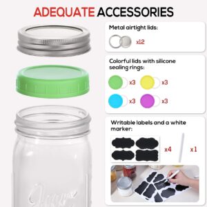 AOZITA 12 Pcs Wide Mouth Mason Jars 32 Oz, Large Canning Jars with Lids and Bands, Colored Plastic Jar Lids, Blank Labels and Chalk Marker, Leak-Proof Airtight Lids for Food Storage, Canning, Favors