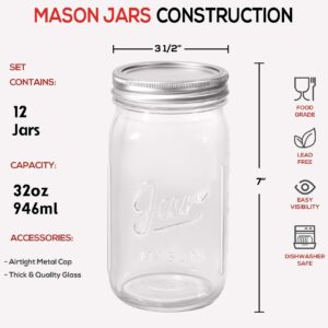 AOZITA 12 Pcs Wide Mouth Mason Jars 32 Oz, Large Canning Jars with Lids and Bands, Colored Plastic Jar Lids, Blank Labels and Chalk Marker, Leak-Proof Airtight Lids for Food Storage, Canning, Favors