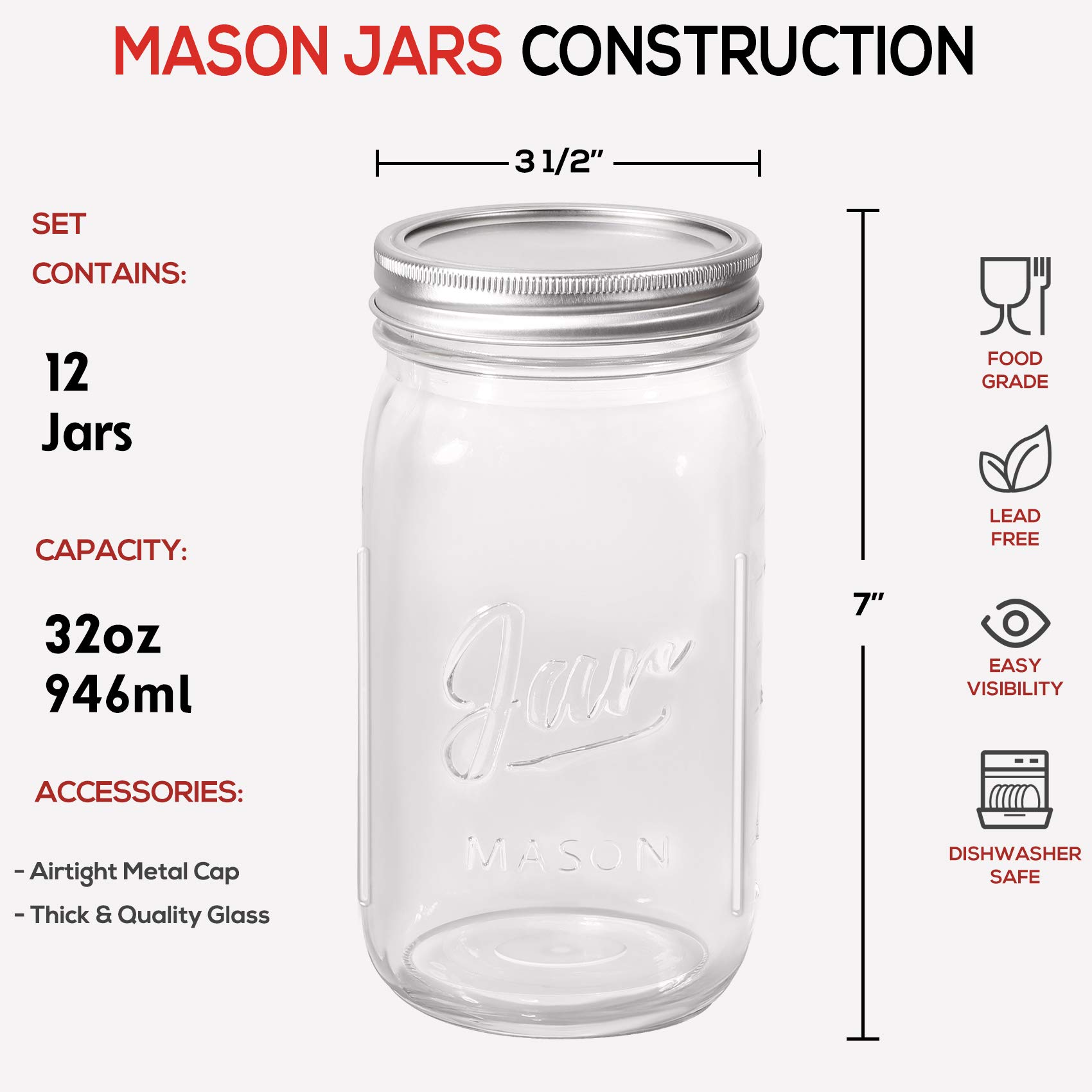 AOZITA 12 Pcs Wide Mouth Mason Jars 32 Oz, Large Canning Jars with Lids and Bands, Colored Plastic Jar Lids, Blank Labels and Chalk Marker, Leak-Proof Airtight Lids for Food Storage, Canning, Favors