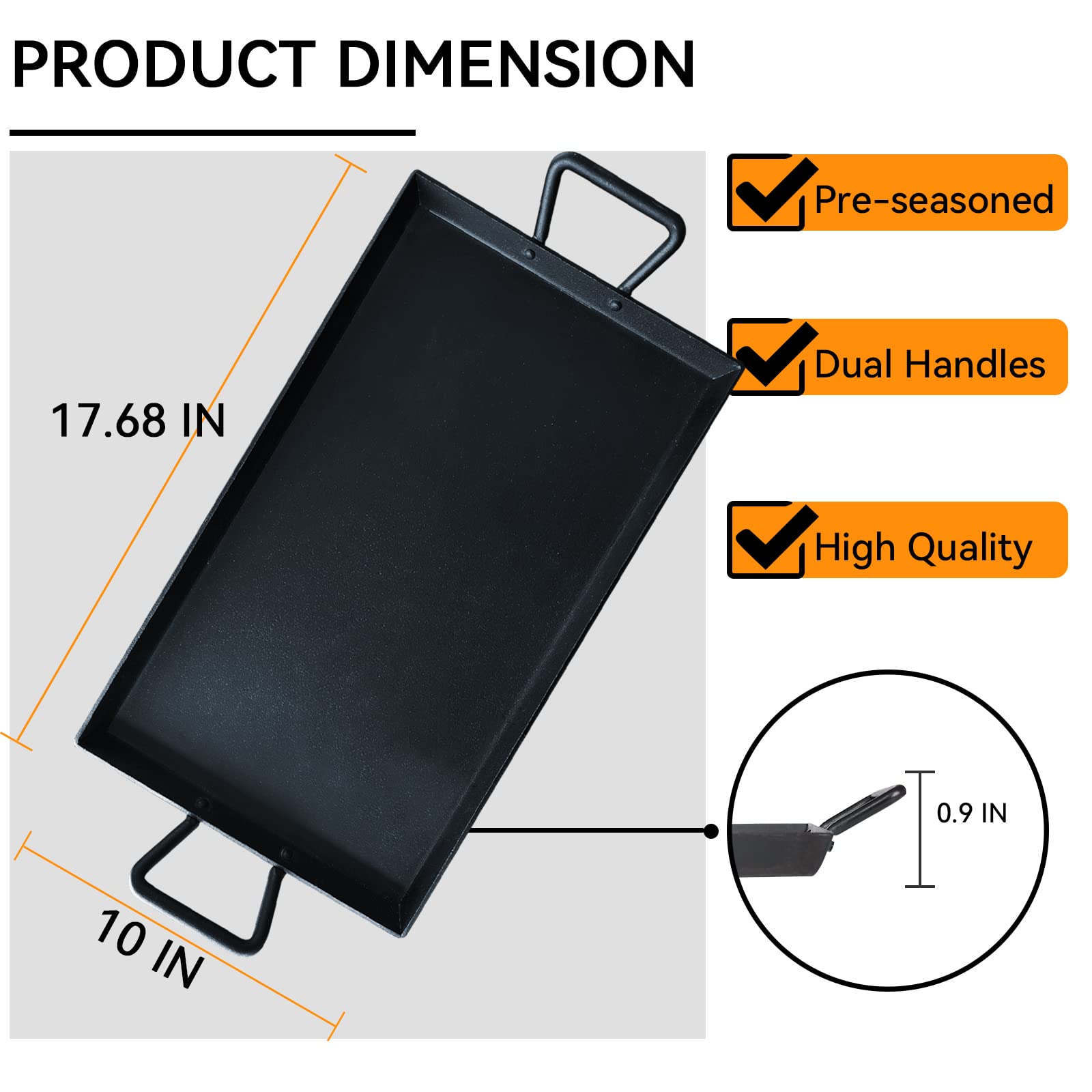 Keleday Cast Iron Griddle Pan Grill for Stove Tops Gas Grills Non-Stick Griddle with 2 Handles Flat Top Plate Pre-Seasoned Grill Pan for Indoor and Outdoor Use Camping 17.68 * 10 Inches