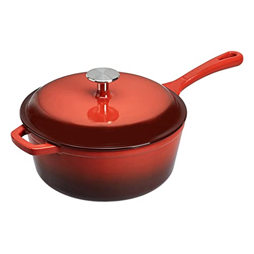 AmazonCommercial Enameled Cast Iron Covered Saucier, 3.7-Quart, Red