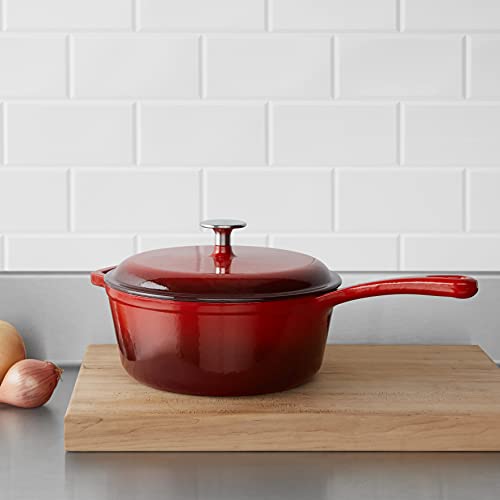 AmazonCommercial Enameled Cast Iron Covered Saucier, 3.7-Quart, Red