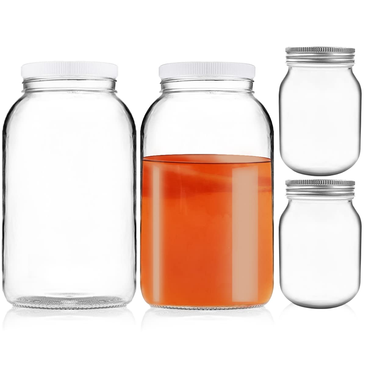 Artcome 4 Pack Glass Jar Set - 2pc 1 Gallon Glass Jar Wide Mouth with 2pc Airtight Plastic Lids, 2pc 16oz Glass Jar with 2pc Silver Metal Lids for Fermenting, Kimchi, Kefir, Kombucha, Storing, Canning