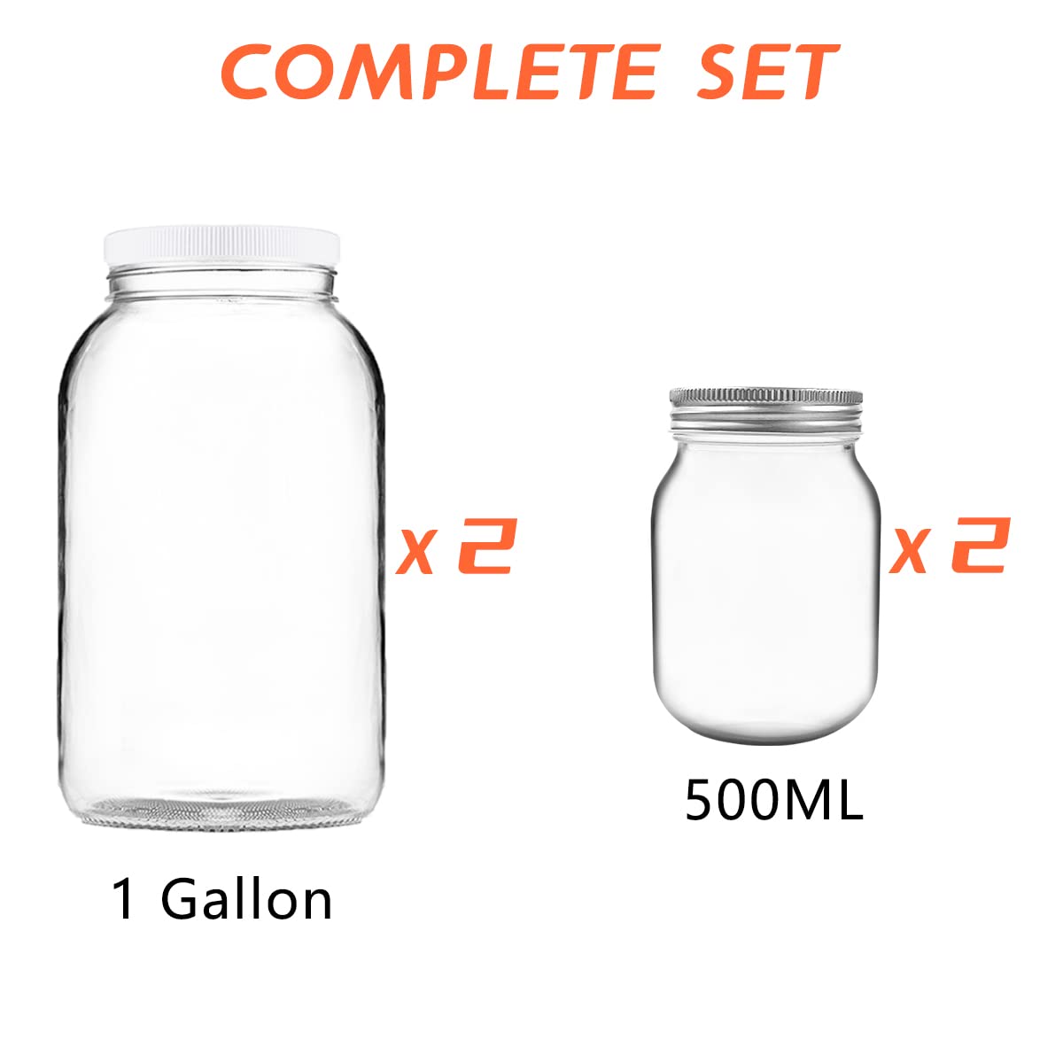 Artcome 4 Pack Glass Jar Set - 2pc 1 Gallon Glass Jar Wide Mouth with 2pc Airtight Plastic Lids, 2pc 16oz Glass Jar with 2pc Silver Metal Lids for Fermenting, Kimchi, Kefir, Kombucha, Storing, Canning