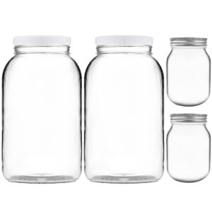 Artcome 4 Pack Glass Jar Set - 2pc 1 Gallon Glass Jar Wide Mouth with 2pc Airtight Plastic Lids, 2pc 16oz Glass Jar with 2pc Silver Metal Lids for Fermenting, Kimchi, Kefir, Kombucha, Storing, Canning