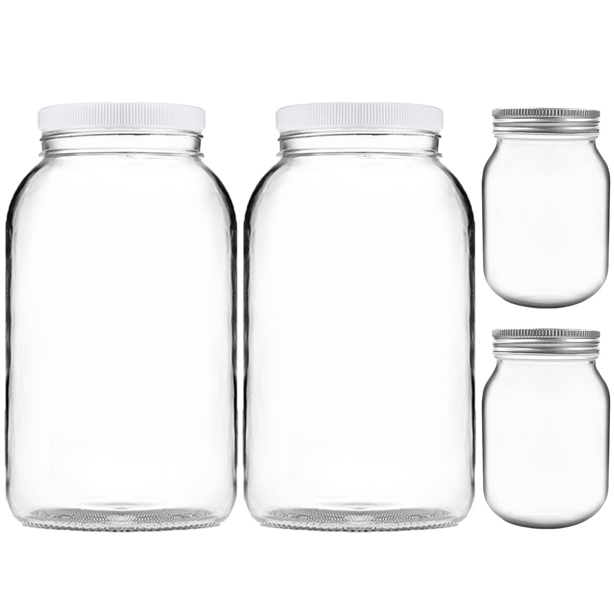 Artcome 4 Pack Glass Jar Set - 2pc 1 Gallon Glass Jar Wide Mouth with 2pc Airtight Plastic Lids, 2pc 16oz Glass Jar with 2pc Silver Metal Lids for Fermenting, Kimchi, Kefir, Kombucha, Storing, Canning