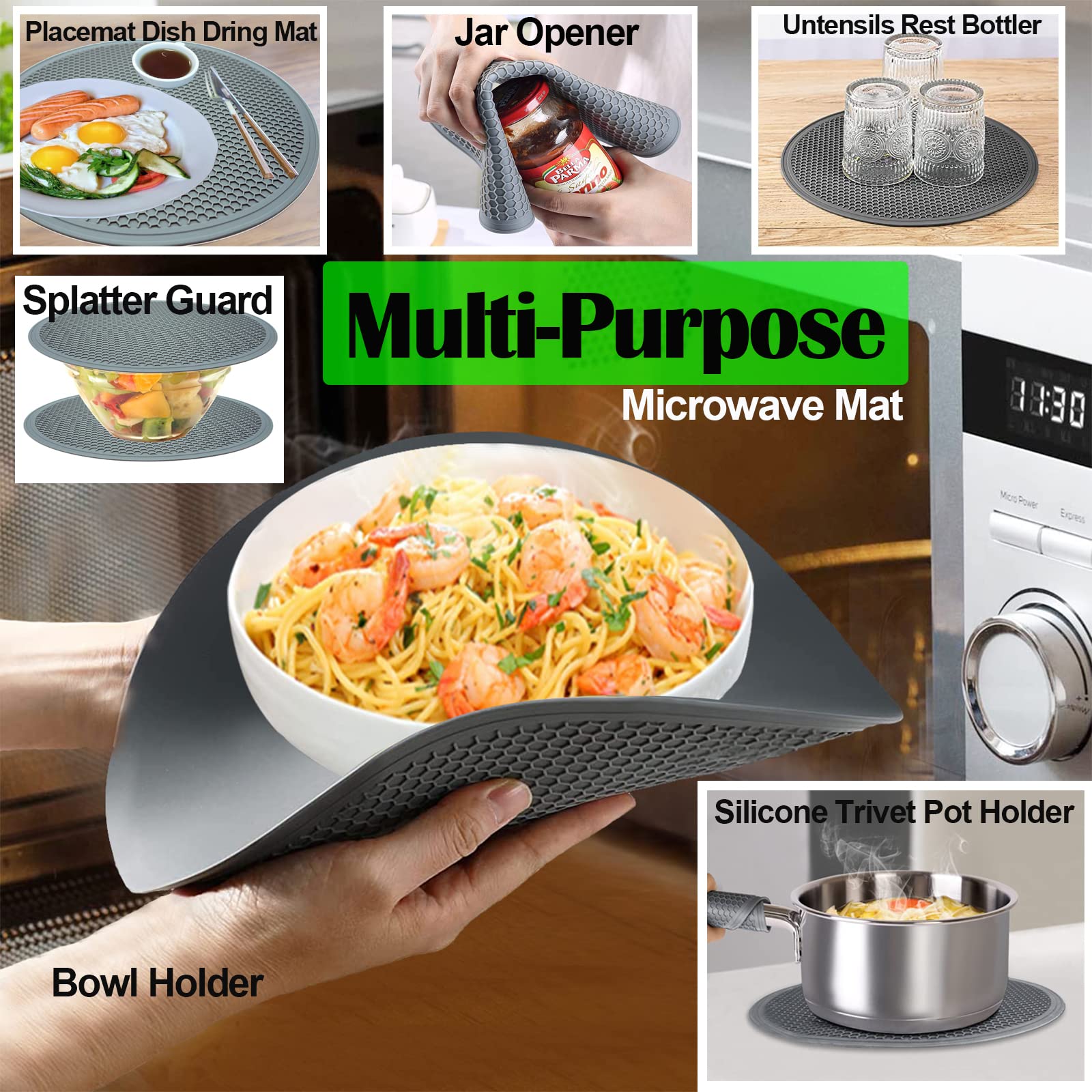 2 In 1 Microwave Cover & Mat, Microwave Splatter Cover for Food Guard Lid Collapsible Plate Cover, Silicone Microwave Mat Heat Resistant Multifunctional Oven Mat, As Trivet, Hot Pad, Pot Holder