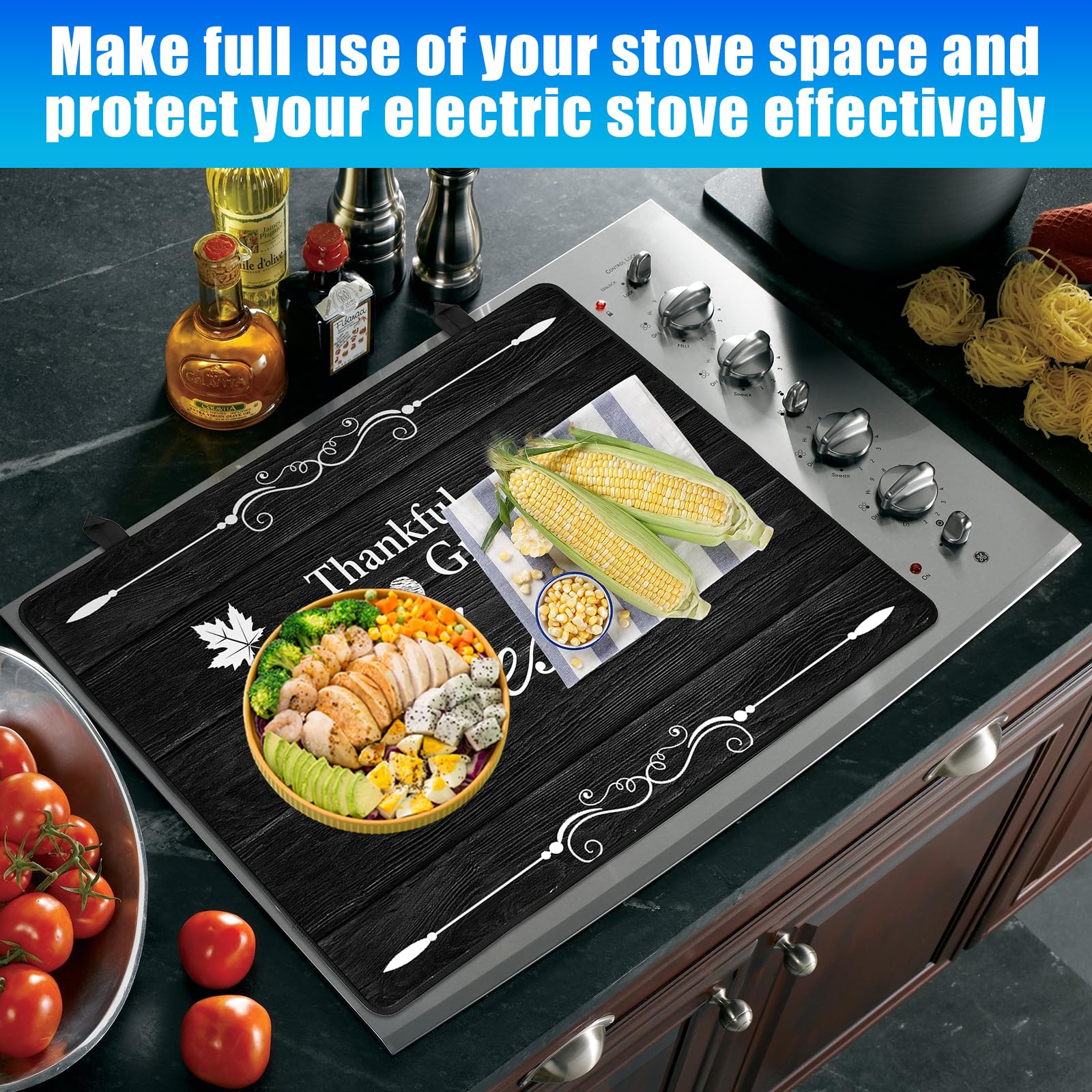 Stove Top Cover for Electric Stove (28.5”x 20.5”), Heat Resistant Glass Cooktop Cover, Multipurpose Stove/Counter/Washer Top Protector, Dishwasher Safe Natural Rubber (Thankful)