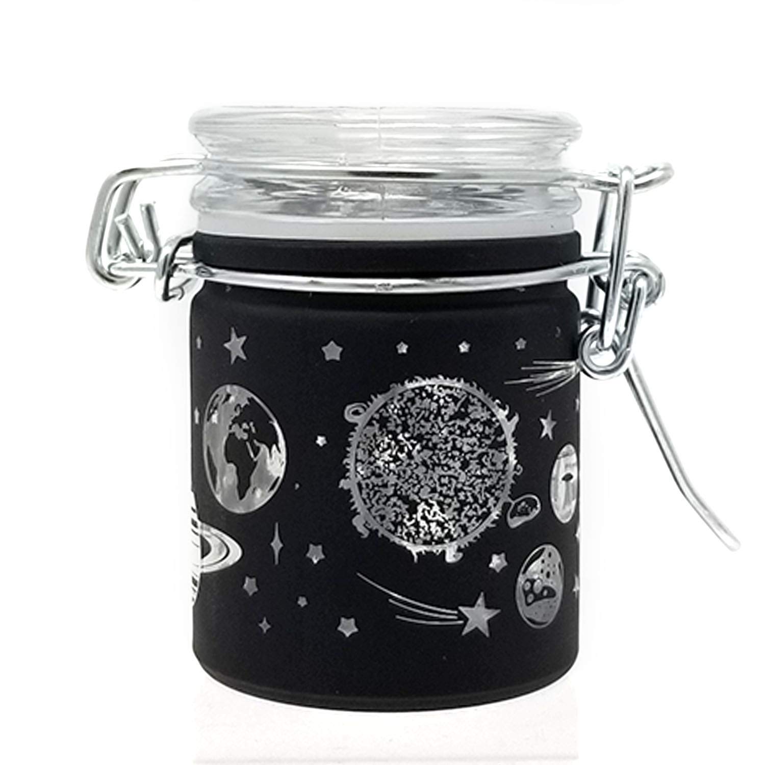 Airtight Glass Herb Stash Jar with Clamping Lid in Choice of Design (Black Frosted Galaxy)