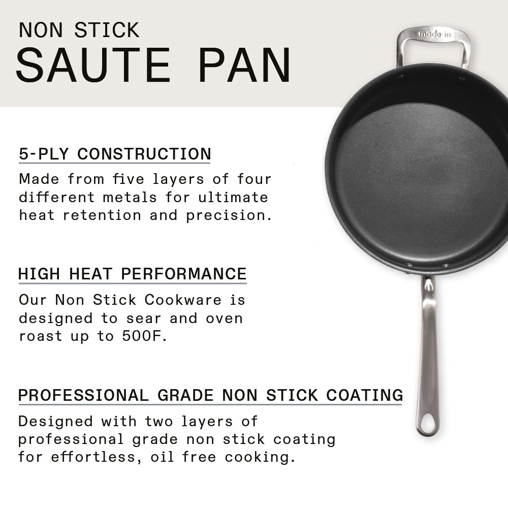 Made In Cookware - 3.5 Quart Non Stick Saute Pan With Lid - 5 Ply Stainless Clad - Professional Cookware - Crafted in Italy - Induction Compatible