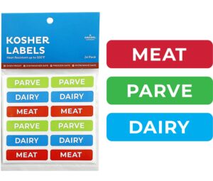 kosher labels, 8 blue dairy, 8 red meat, 8 green parve stickers, oven proof up to 500°, freezable, microwavable, dishwasher safe, english, color coded kosher kitchen tools (24-pack, rectangle design)