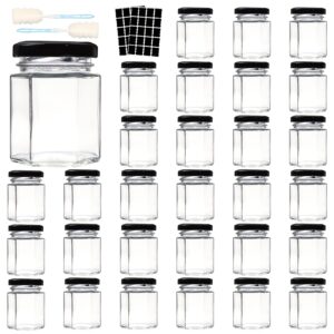 comrzor 3 oz mini hexagon glass jars, 30 pack empty honey jars small spice jars with black lids, sponge brushes and 40pcs labels for jam, homemade projects, gifts, wedding party favors