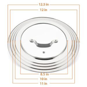 HOMVIDA Stainless Steel Universal Lid for Pans Pots Fits 8.25-12 Inch Cast Iron Skillets Frying Pans Woks - Design with Heat Resistant Handle and Vent Hole - Gray Handle