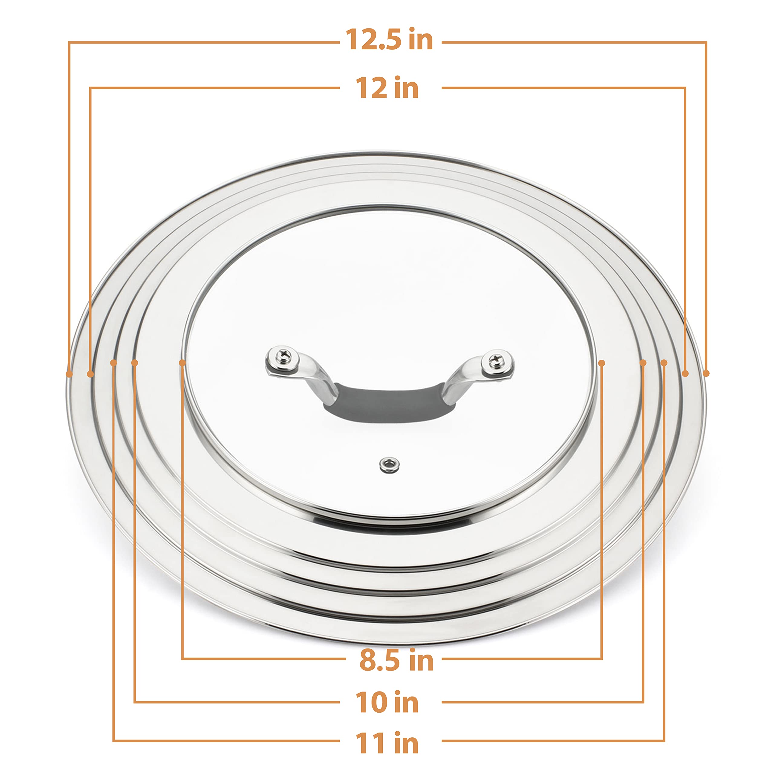 HOMVIDA Stainless Steel Universal Lid for Pans Pots Fits 8.25-12 Inch Cast Iron Skillets Frying Pans Woks - Design with Heat Resistant Handle and Vent Hole - Gray Handle